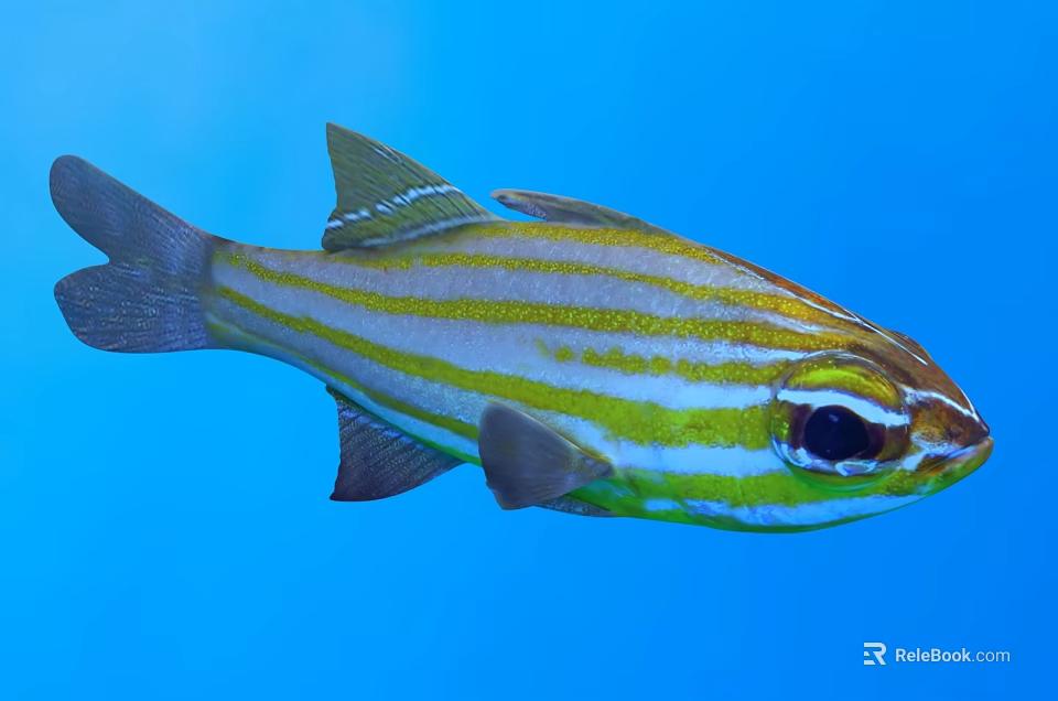 Aquatic Animal Fish With Yellow And White Stripes Black Eyes Blue Water Background 3d model 