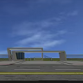 Modern Entrance Gate with Glass Structure and Trees Under Blue Sky