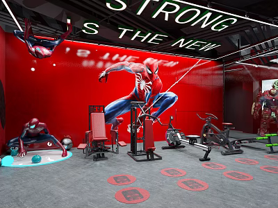 SpiderMan Themed Fitness Gym With Workout Equipment And Strong Motivational Slogan 3d model