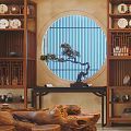 Traditional Chinese Tea House With Round Lattice Window Wooden Tables And Landscape Painting Decor
