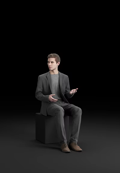 Man in Gray Sweater Suit Sitting on Black Cube Gesturing with Hands Against Black Background 3d model