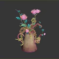 Artistic Sculpture Vase with Red Flowers Blue Leaves and Intricate Carving Details