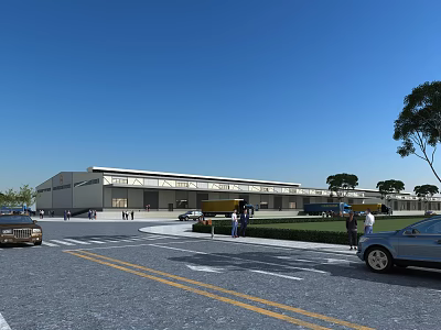 Modern Industrial Warehouse Exterior Design With Parking Lot Vehicles Trees And Entrance 3d model