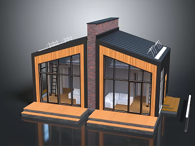 Modern Twin Residential Building Featuring Large Glass Windows Wooden Exterior Black Roof And Solar Panels 3d model