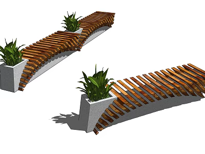 Outdoor Chair With Curved Wooden Slats And Concrete Base Featuring Potted Plants 3d model