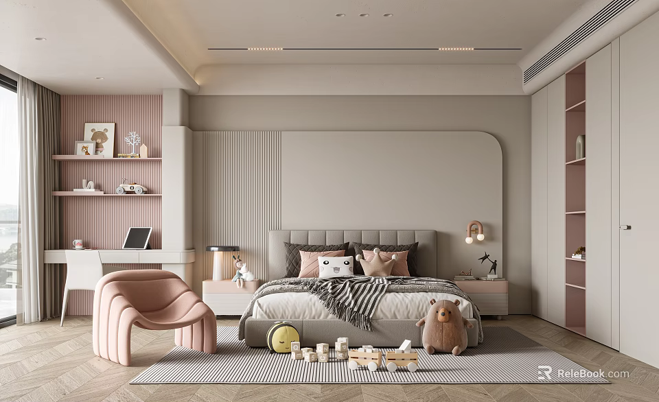 Kids Room Interior Design With Soft Colors Bed Pink Chair Desk and Toys 3d model 