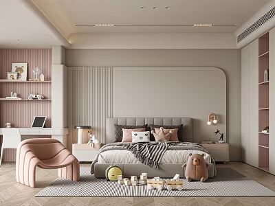 Kids Room Interior Design With Soft Colors Bed Pink Chair Desk and Toys 3d model