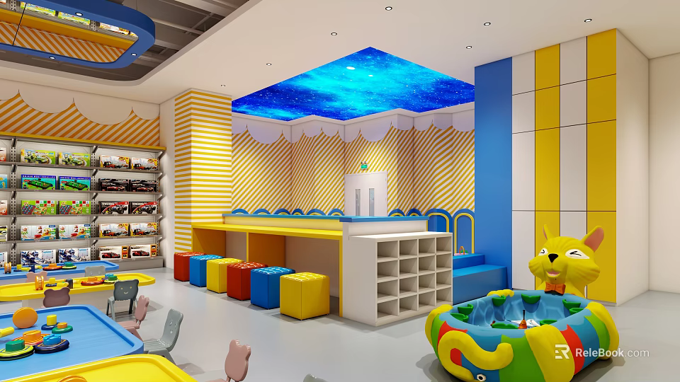 Kids Play Area Mall Store With Blue Starry Sky Ceiling Colorful Lockers And Inflatable Toy 3d model 