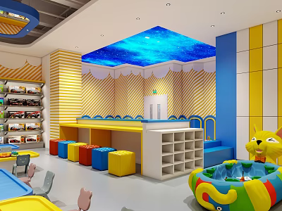 Kids Play Area Mall Store With Blue Starry Sky Ceiling Colorful Lockers And Inflatable Toy 3d model