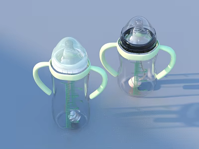 Two Transparent Baby Feeding Bottles with Green Handles Measurement Marks and Caps 3d model