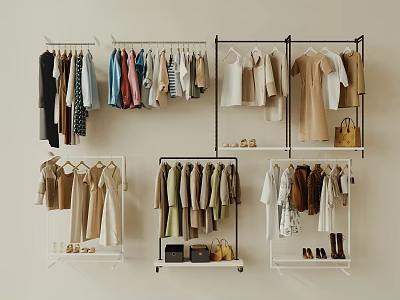 Stylish Neutral Toned Clothes on Open Racks with Shoes Bags and Hanging Outfits 3d model