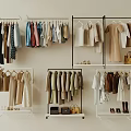 Stylish Neutral Toned Clothes on Open Racks with Shoes Bags and Hanging Outfits