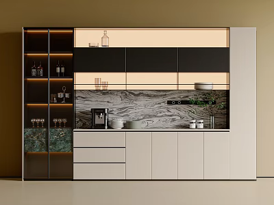Modern Sideboard Design With Open Shelves Glass Doors Marble Countertop Coffee Machine Drawers And Cabinets 3d model