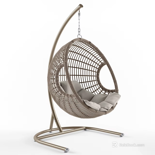 Modern Rattan Hanging Chair with Metal Stand and Gray Cushions for Indoor Relaxation 3d model 