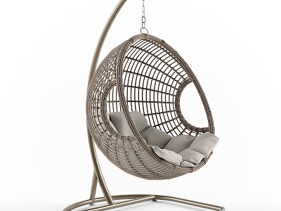 Modern Rattan Hanging Chair with Metal Stand and Gray Cushions for Indoor Relaxation 3d model