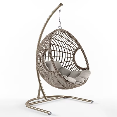 Modern Rattan Hanging Chair with Metal Stand and Gray Cushions for Indoor Relaxation 3d model