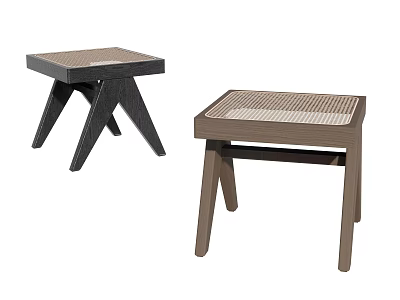 Modern Wooden Stools With Woven Seat And Crossed Straight Legs Design 3d model