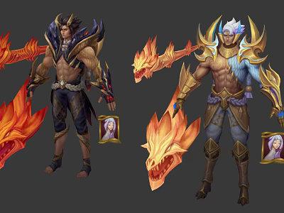 Game and Movie Characters With Flame Themed Armor Weapons and Ornaments 3d model