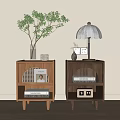 Modern Wooden Nightstands With Green Plant Vase Table Lamp Books And Clock