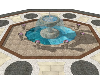 Decorative Outdoor Pedestal Fountain With Blue Water Basin Surrounded By Flower Pots And Stone Pavement 3d model