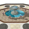Decorative Outdoor Pedestal Fountain With Blue Water Basin Surrounded By Flower Pots And Stone Pavement