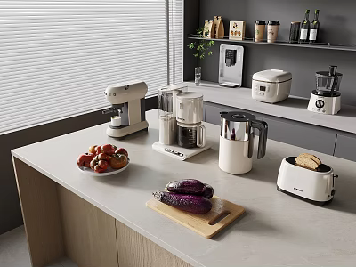 Modern Kitchen Countertop With Mixer Food Processor Kettle Toaster And Rice Cooker 3d model