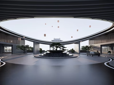 Modern Circular Sales Office Building With Central Courtyard Trees And Water Feature 3d model