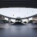Modern Circular Sales Office Building With Central Courtyard Trees And Water Feature