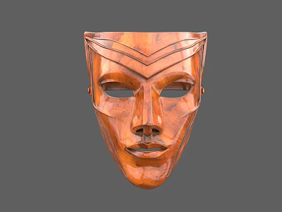 Hand Carved Wooden Mask Sculpture With Facial Features And Geometric Patterns 3d model