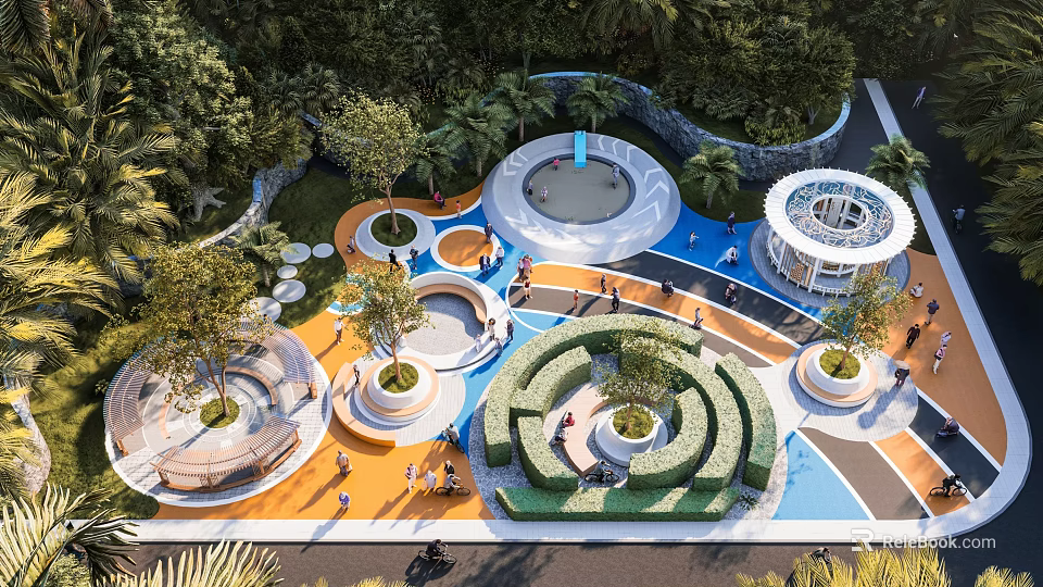 Vibrant Park Landscape Featuring Circular Structures Blue Flooring Lush Green Plant Patterns And Trees 3d model 