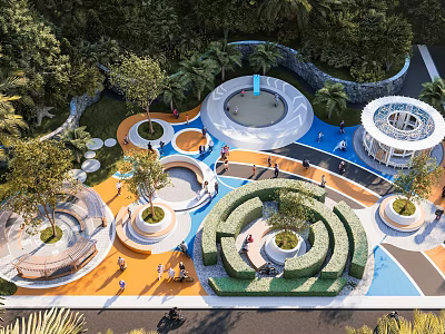 Vibrant Park Landscape Featuring Circular Structures Blue Flooring Lush Green Plant Patterns And Trees 3d model