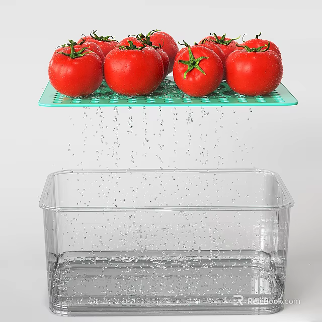 Fresh Red Tomatoes on Green Draining Tray with Water Droplets Falling into Transparent Container 3d model 