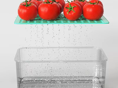 Fresh Red Tomatoes on Green Draining Tray with Water Droplets Falling into Transparent Container 3d model