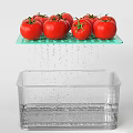 Fresh Red Tomatoes on Green Draining Tray with Water Droplets Falling into Transparent Container