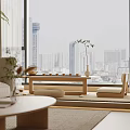 Modern Minimalist Living And Dining Room With Beige Sofa Rattan Pendant Light And Green Plants