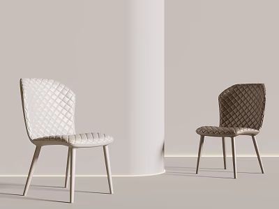 Stylish White and Brown Dining Chairs with Woven Texture Backrest in Minimalist Interior Space 3d model