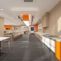 Modern Chinese Fast Food Restaurant With Glass Front Orange Sign Indoor Seating And Wooden Tables