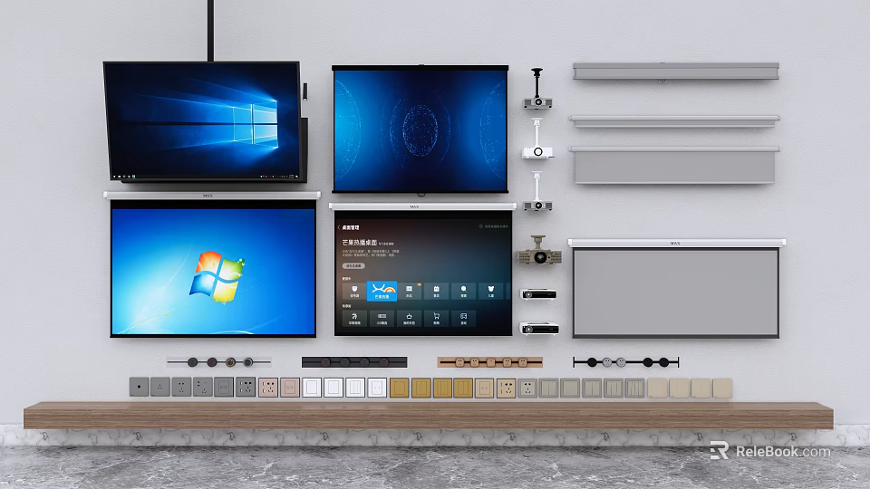 Modern Projection Monitoring Setup With Multiple Display Screens Control Panels And Accessories 3d model 