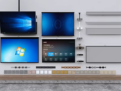 Modern Projection Monitoring Setup With Multiple Display Screens Control Panels And Accessories 3d model