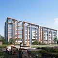 Modern Residential Building Exterior With Green Lawn Benches And Landscaping