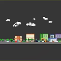 Colorful Cartoon Town Scene With Basketball Court Buildings Roads Cars Trees And Clouds