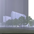 Modern Residential Building Complex With Two Towers Greenery Road Access And Parking Area