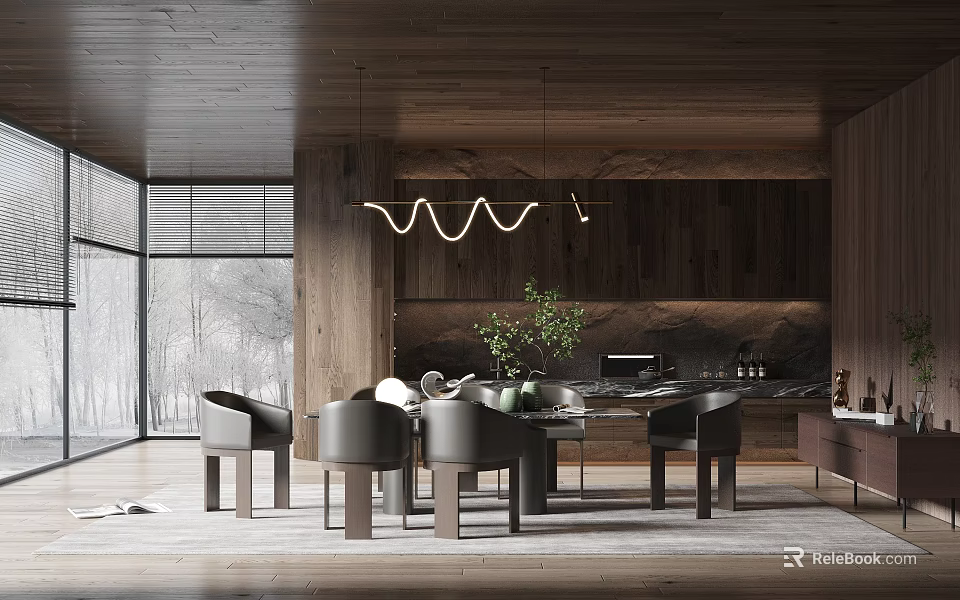 Modern Restaurant Interior With Wooden Ceiling Wavy Pendant Light Dining Table And Green Plant 3d model 