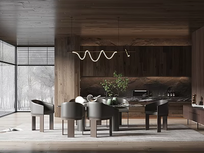 Modern Restaurant Interior With Wooden Ceiling Wavy Pendant Light Dining Table And Green Plant 3d model