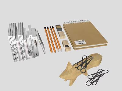Office Stationery Set With Folders Pencils Notebook And Wooden Paper Clips Holder 3d model