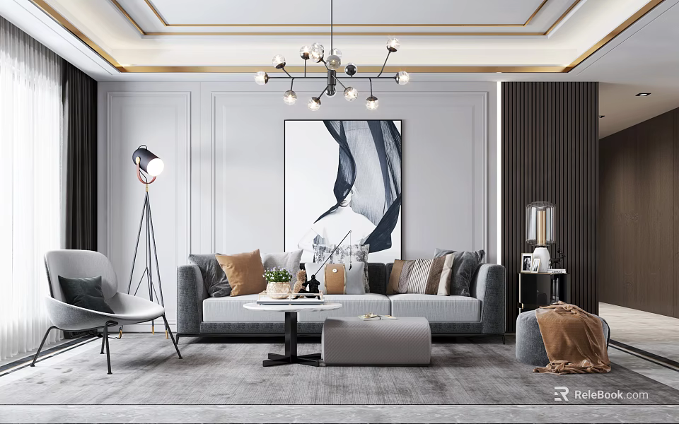 Modern Living Room Sofa and Coffee Table Set with Throw Pillows Artwork and Soft Rug 3d model 