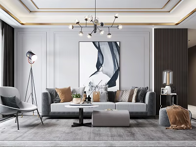 Modern Living Room Sofa and Coffee Table Set with Throw Pillows Artwork and Soft Rug 3d model