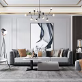 Modern Living Room Sofa and Coffee Table Set with Throw Pillows Artwork and Soft Rug