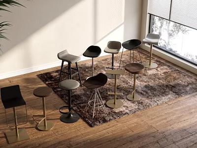 Stylish Bar Stools With Various Designs And Colors On Wooden Floor By Window And Rug 3d model