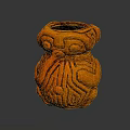 Orange Ceramic Vessel With Carved Human Face And Geometric Motifs Design